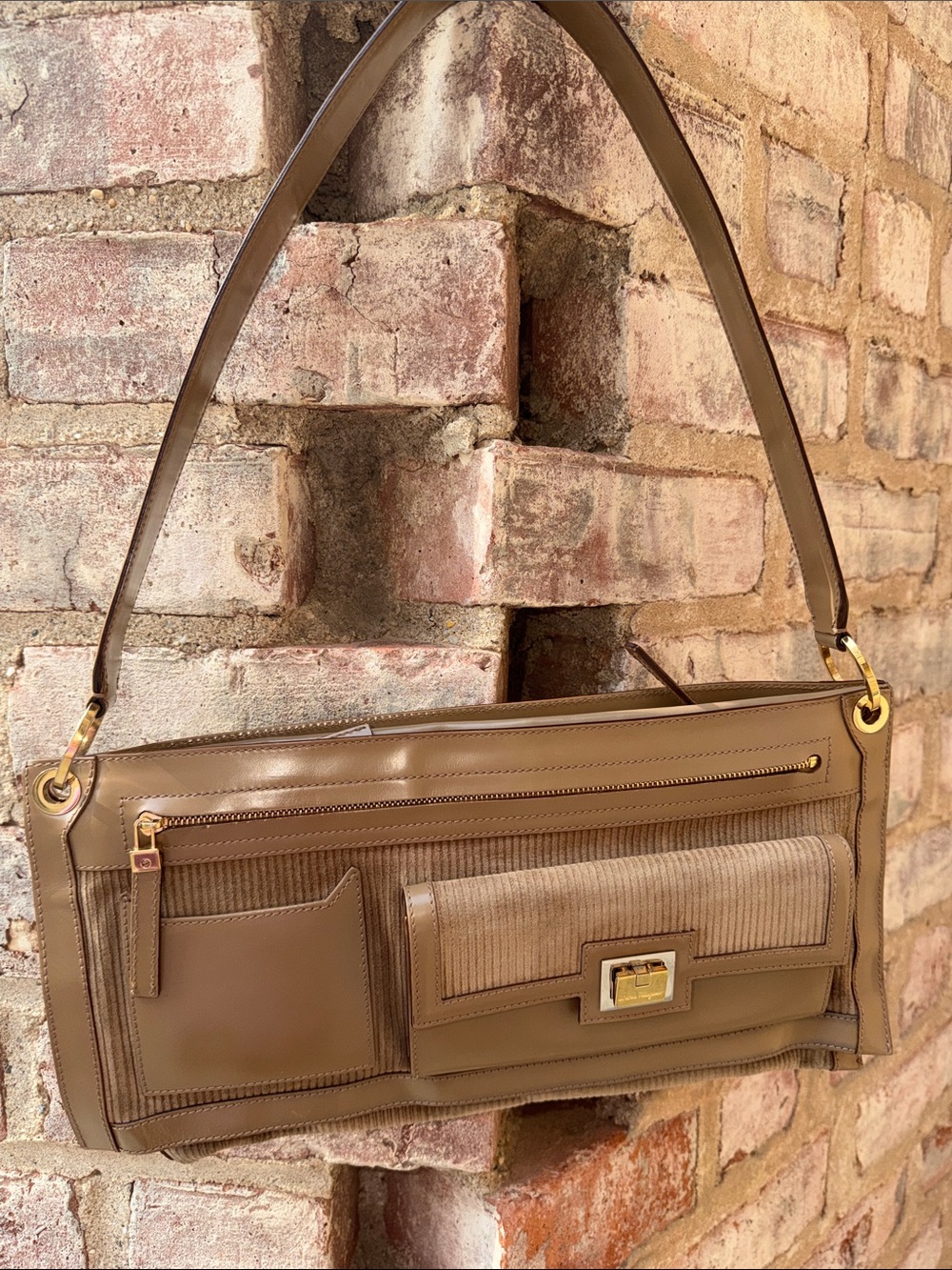 Authentic Salvatore Ferragamo beige corduroy satin shoulder bag, Y2K Italy